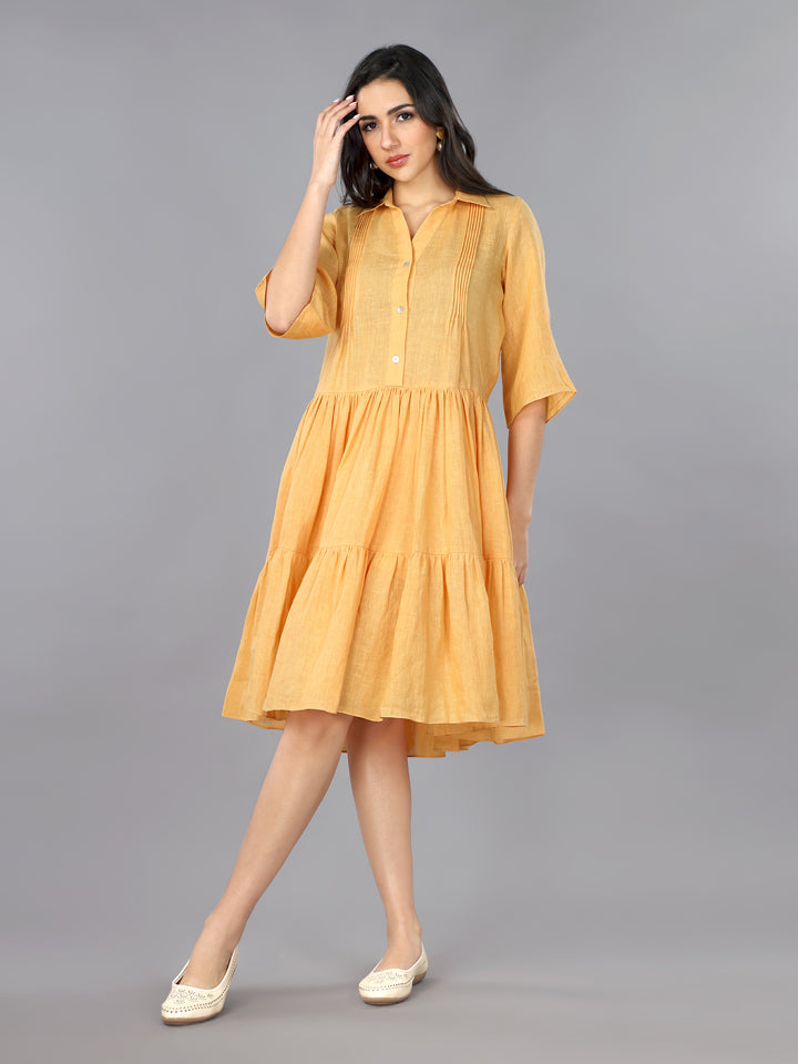 Apricot Linen Pleated Flared Dress